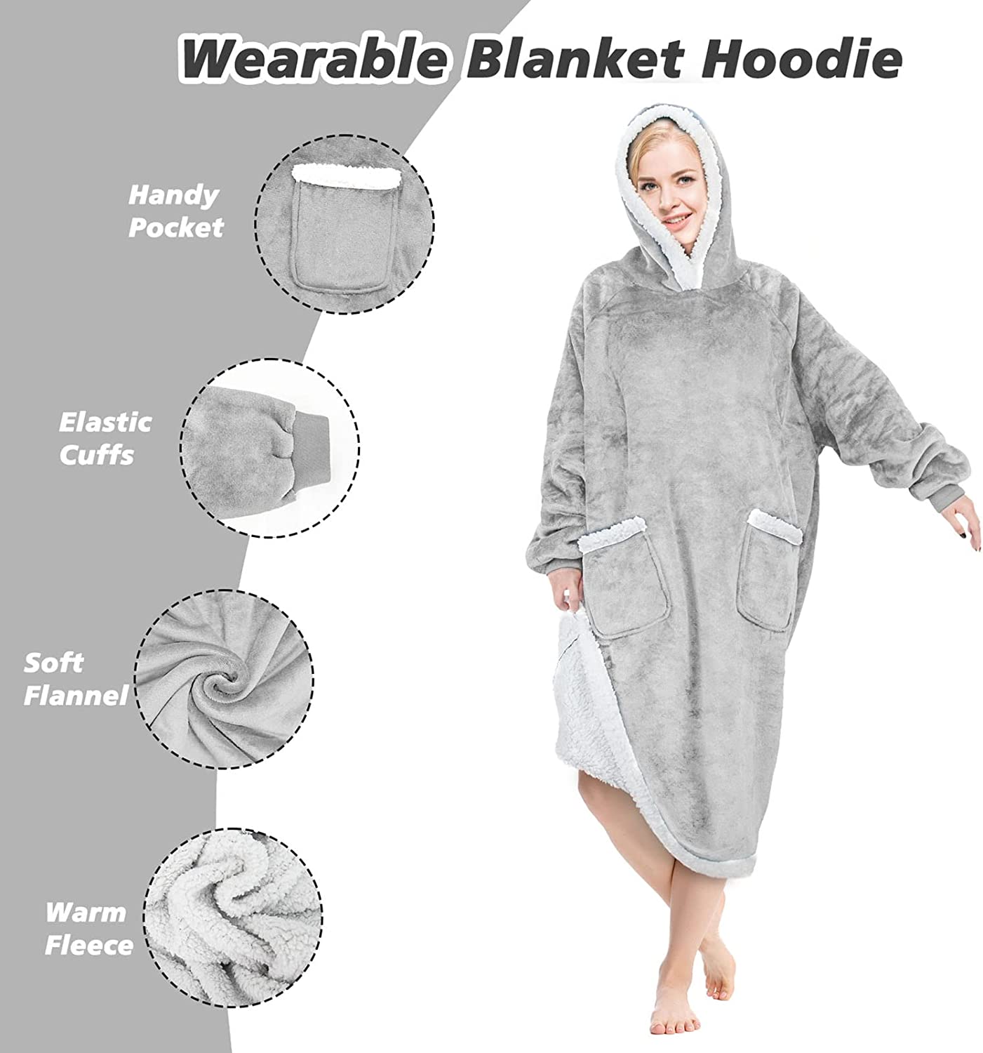 DUCHIFAD WearableBlanketHoodieOversized For Women Men 47.2in120cm Flannel FleecePolyester