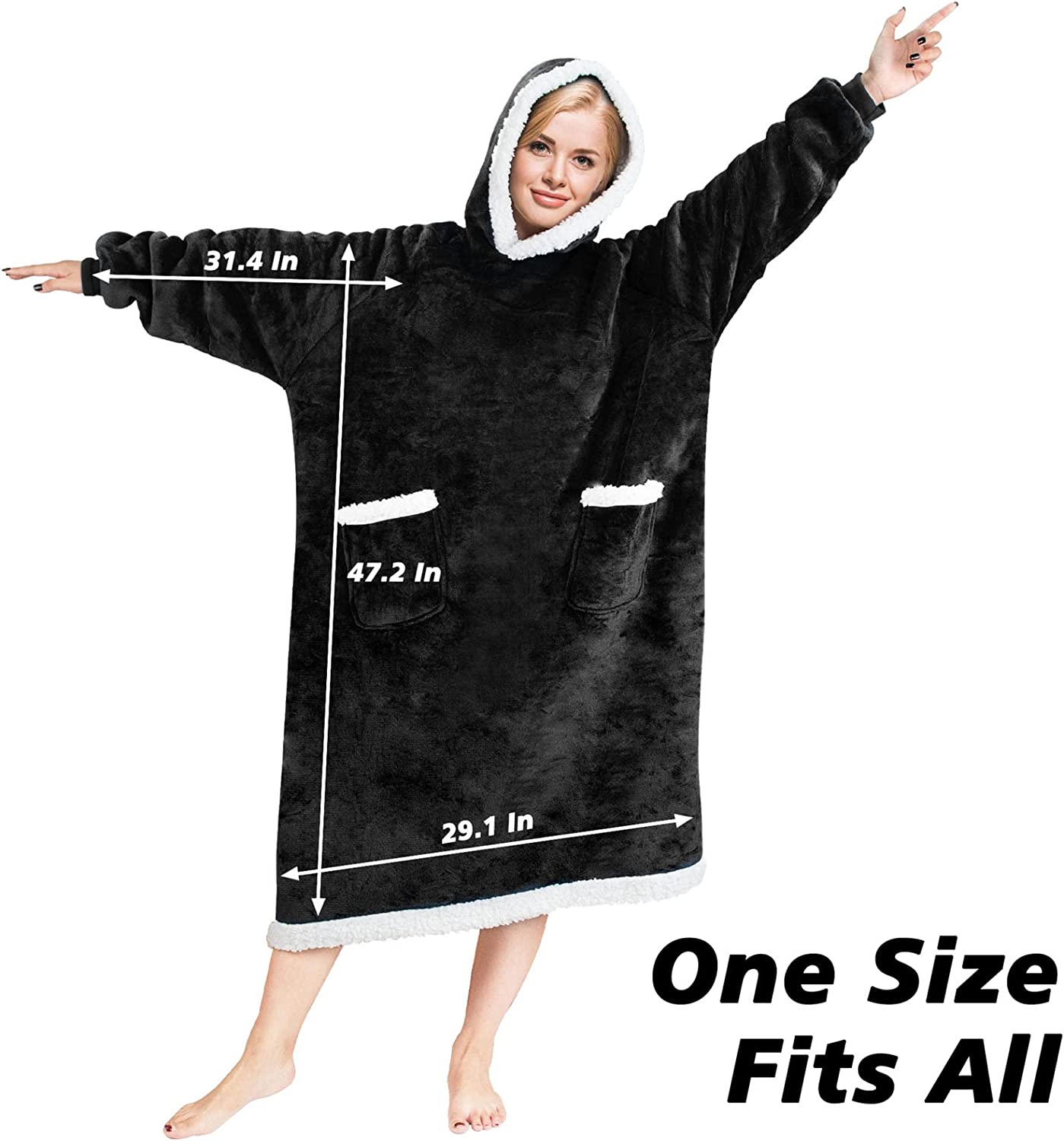 DUCHIFAD WearableBlanketHoodieOversized For Women Men 47.2in120cm Flannel FleecePolyester